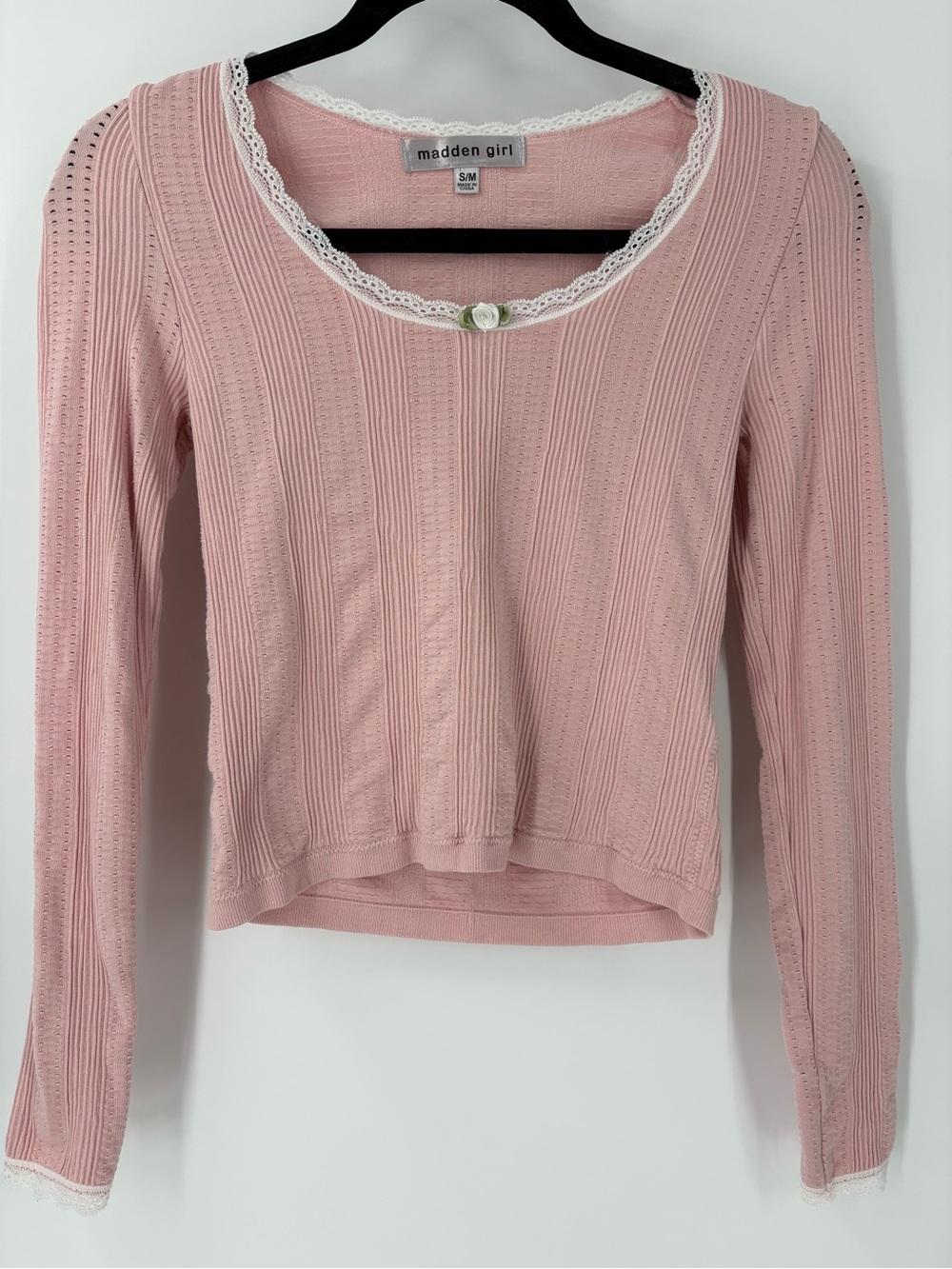 Madden Girl Y2K Lace Trim Pale Pink Ribbed Stretch Feminine Shirt Top S/M